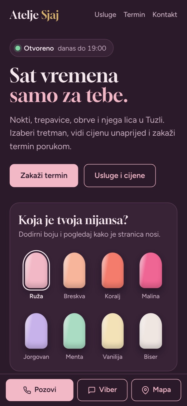 Početna strana primjera Atelje Sjaj na telefonu
